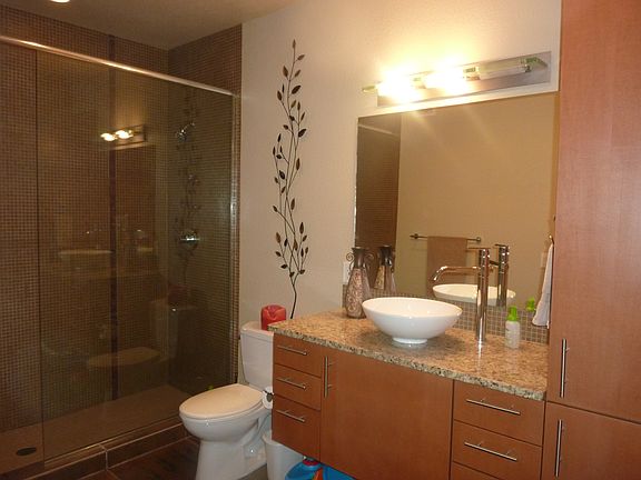 Mosaic tiles, oversized shower, lots of cabinets