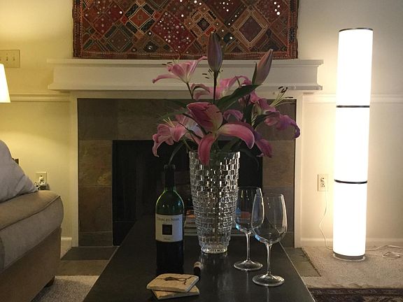 The living area features a functioning fireplace, perfect for cozy evenings in cool weather.