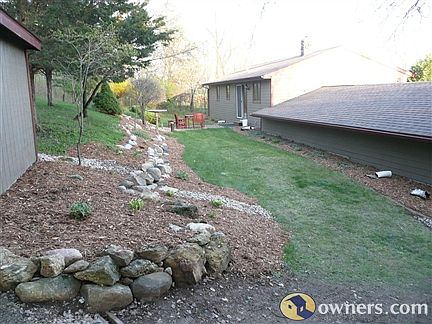 back side, shows garage in hill and gardens