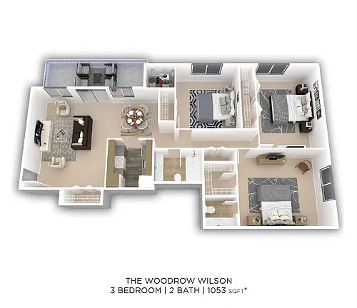 Floor plan Three Bedroom 1.5 Bath - 1,053 sqft