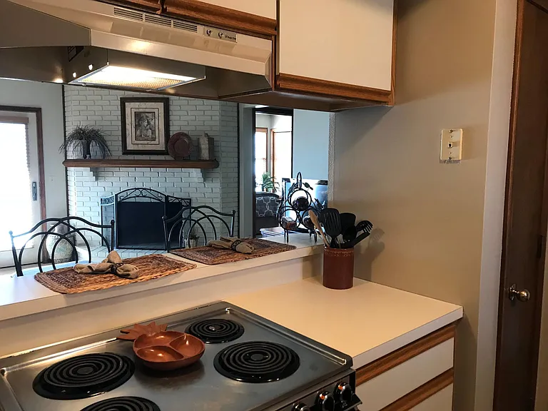 Kitchen view into living room
