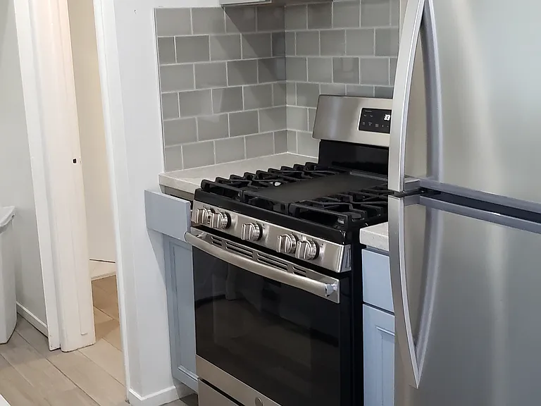 Refrigerator, stove, lower cabinets,upper cabinet and stove hood.