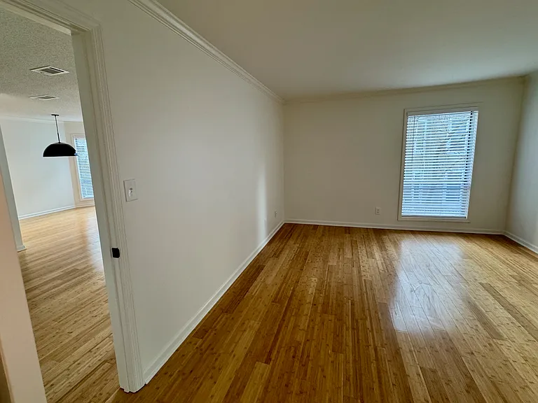 large bedroom with view into living and dining room through the doorway at left