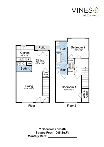 Floor plan 2 Bed 1.5 Bath Townhouse