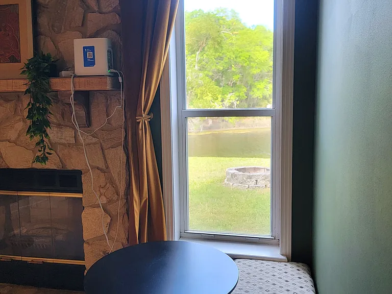 Corner seating with scenic water view.