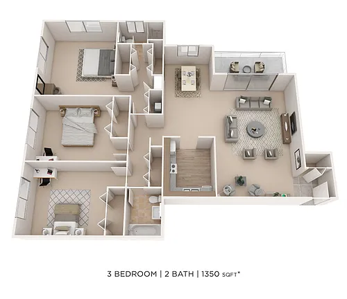 Floor plan Three Bedroom 2 Bath-1350 sqft