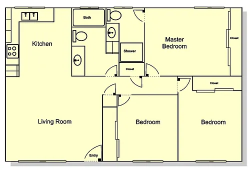 Floor plan 3 Bedroom, 2 Bath - Downstairs