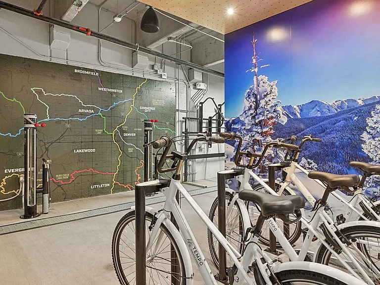 Secure bike storage, repair stations, and outdoor-inspired design support an active Colorado lifestyle close to home.