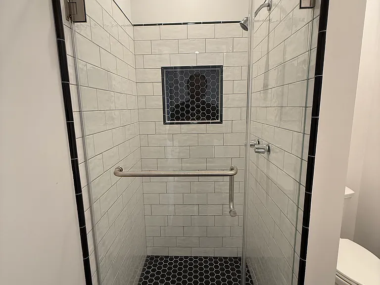 Huge Vintage Style Stall Shower with Shampoo Niche and Frameless Shower Door