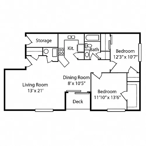 Floor plan 2 Bedroom, 1 Bath Style B
