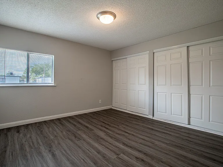 Bright, spacious bedroom with sleek hardwood floors, large window, and ample closet space featuring elegant white doors.