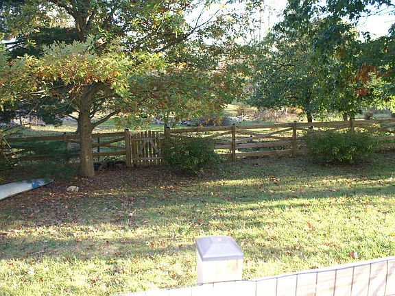 Fenced side and rear yard with stream