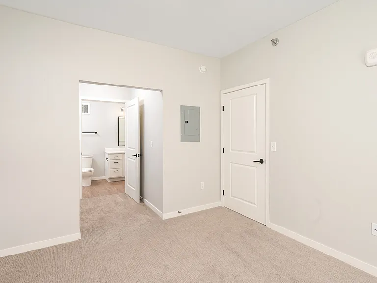 Bright and modern bedroom with plush carpeting leading to a stylish en-suite bathroom, showcasing elegant fixtures and ample natural light. Bright and modern bedroom with plush carpeting leading to a stylish en-suite bathroom, showcasing elegant fixtures 