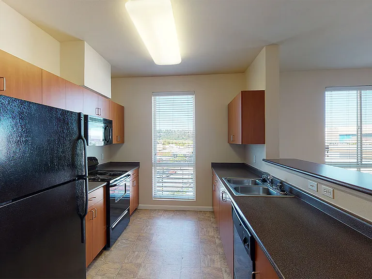 Apartment kitchen with wood-style flooring.