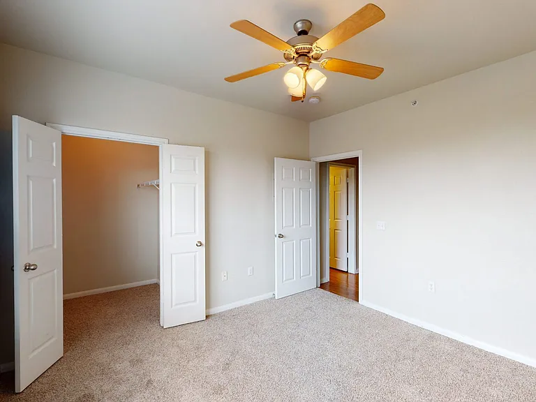 Spacious apartment bedroom with large closet and plush carpet flooring.