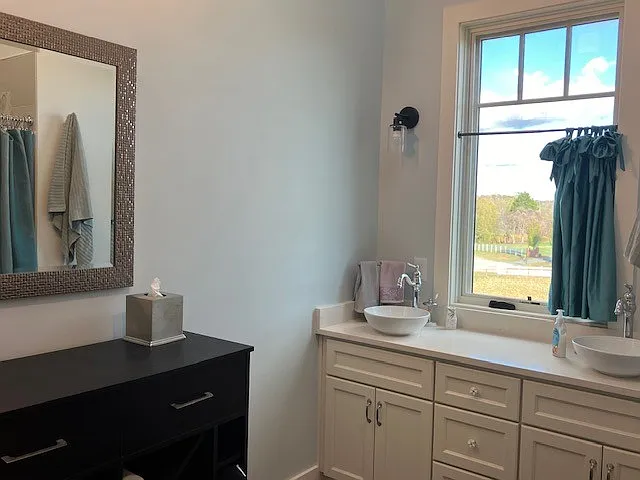 Bathroom with double vanity, upscale cabinetry, and storage areas
