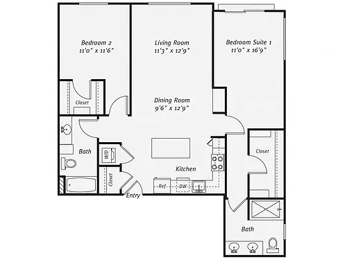 Floor plan 2 Bedroom, 2 Bathroom B2