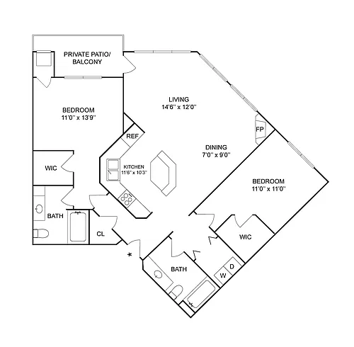 Floor plan 2 BR x 2 BA - E