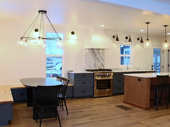 The dining area has bench seating.