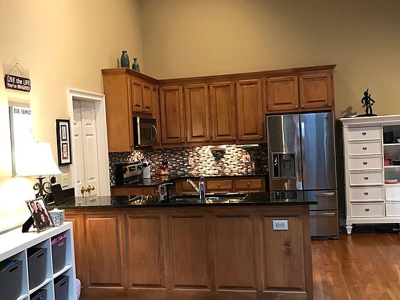 Family room view of kitchen