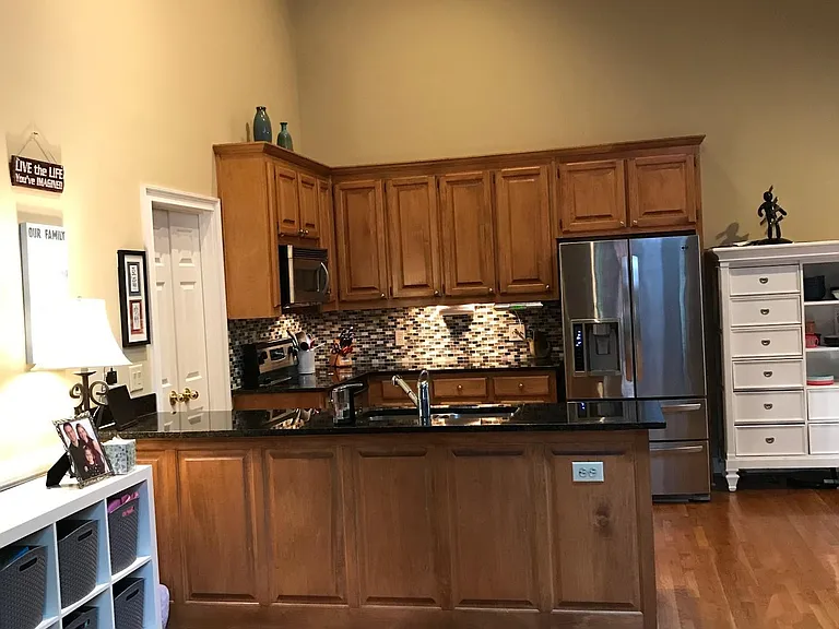 Family room view of kitchen
