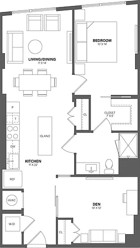 Floor plan 1 Bed/1 Bath Den-AD3