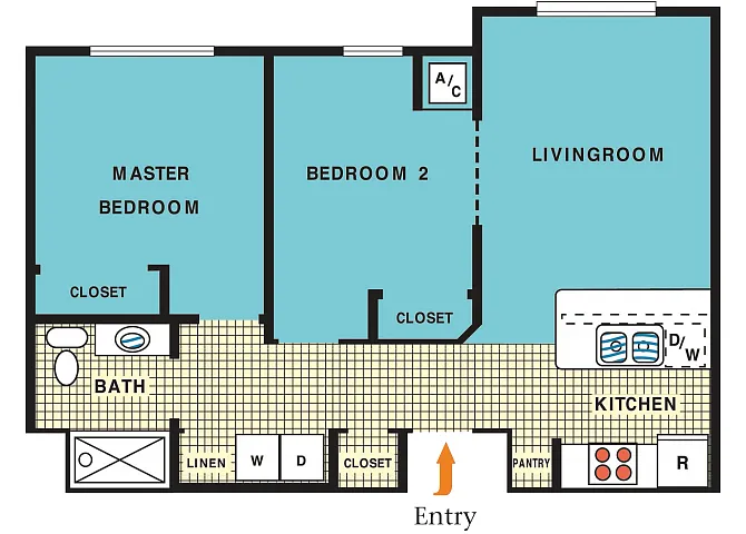 Floor plan Two Bedroom One Bathroom B1 60%