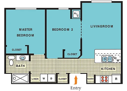 Floor plan Two Bedroom One Bathroom B1 60%