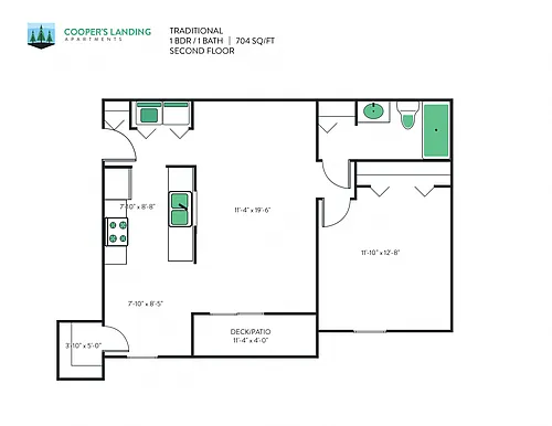 Floor plan 1 bed, 1 Bath - 704 sq ft