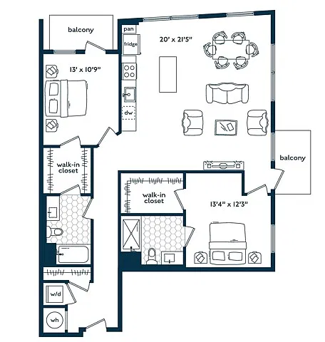 Floor plan Two Bedroom Two Bath (1286 SF)