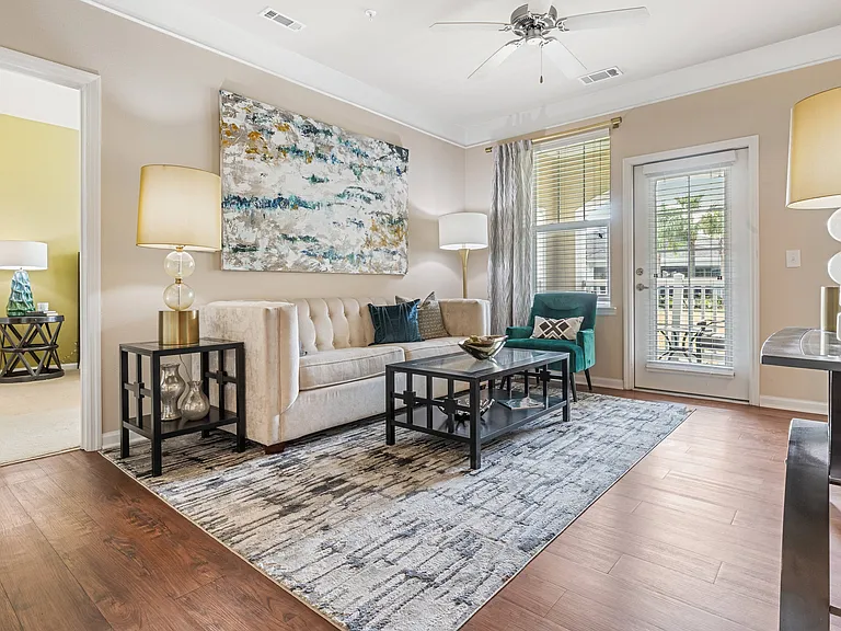 Bright Living Room with Ceiling Fan