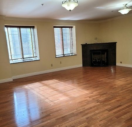 Living room with Granite Gas 
Fireplace, soaring windows with natural light