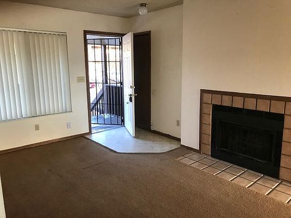 Living room has fireplace