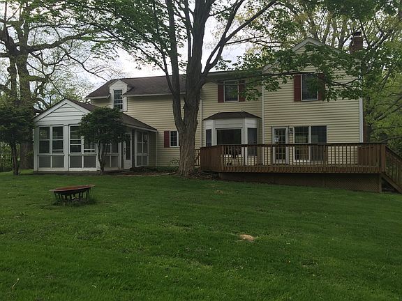 Back view of deck and house with sunroom to left