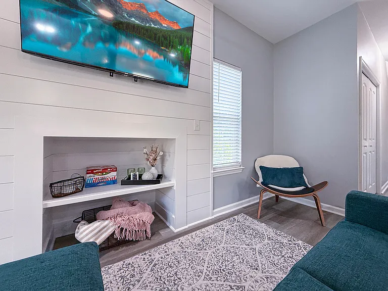 Board games and cozy furnishings included
