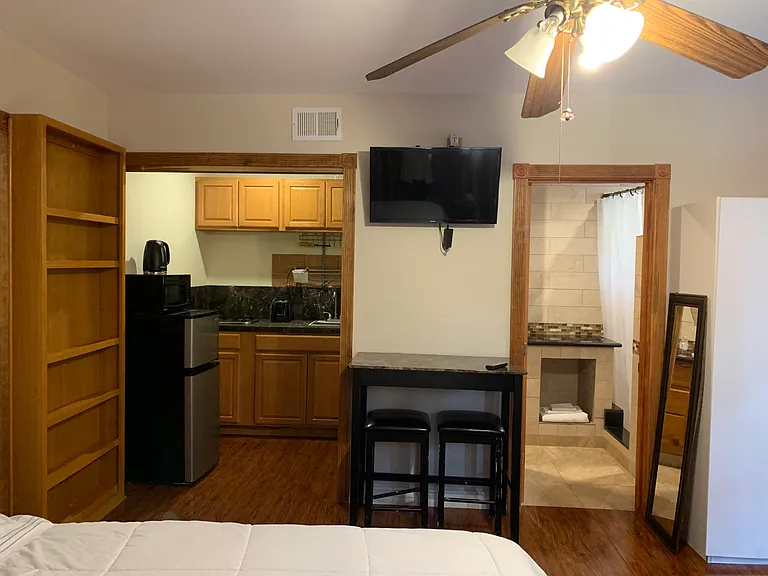 kitchen and bathroom area