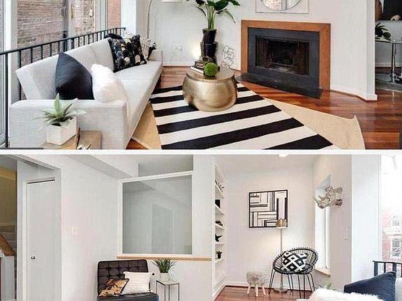 Living room with fireplace and sitting area or WFH space