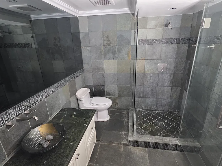Downstairs bathroom with frameless glass shower door, granite countertop, and surrounding stone tile.