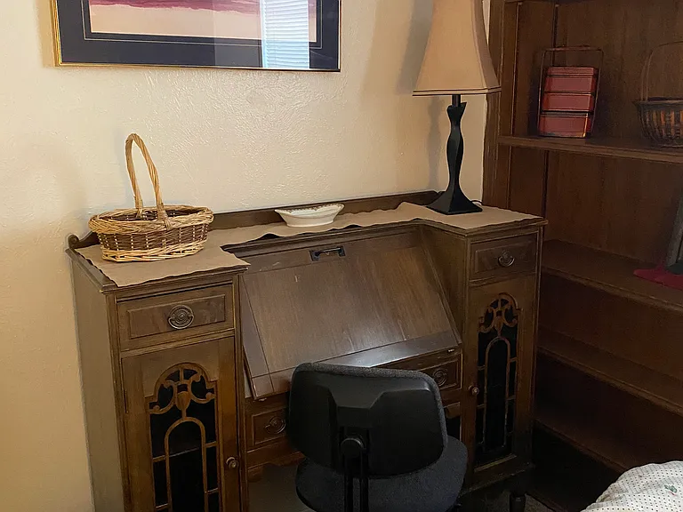 Beautiful built-in, wooden shelves, great light from back garden window, and lovely desk and bed.