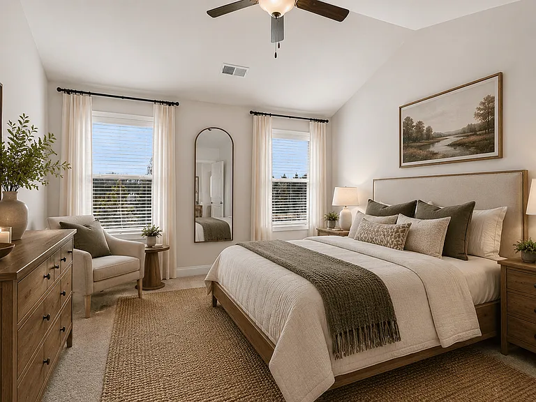 Serene primary suite with a plush king bed, refined finishes, and calming greeneryyour private retreat for rest and relaxation.