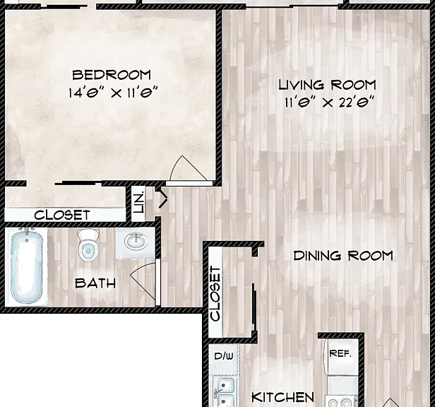 One Bedroom One Bath - Affordable Housing Program - Inquire for Rental Criteria Floorplan Diagram
