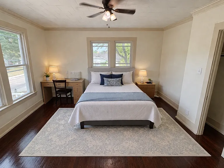 Private bedroom with great natural light and space to make it your own. Please note, this room does not come furnished _ the furniture seen here is an example for layout ideas only.