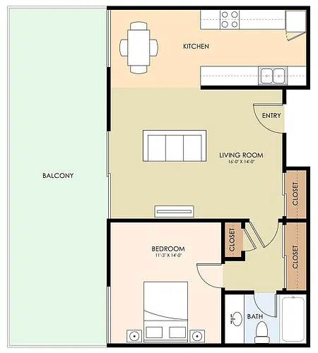 Floor plan 1 Bedroom with large balcony