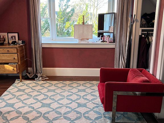 View into the bedroom. Huge bay windows