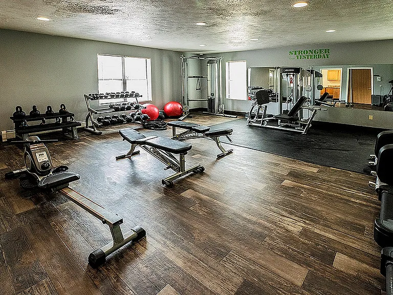 Modern fitness room with wooden flooring, equipped with diverse gym machines, free weights, and workout benches for a comprehensive exercise experience.