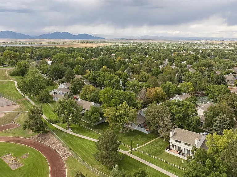 Ariel view of Silo townhomes community -- this unit pictured in bottom right on corner! Large grass area right behind unit with no right-side neighbors.