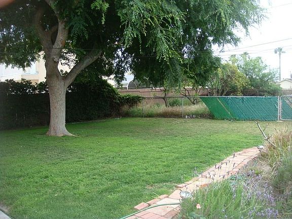 Huge back yard; chain link fence divides garden area from shady lawn.