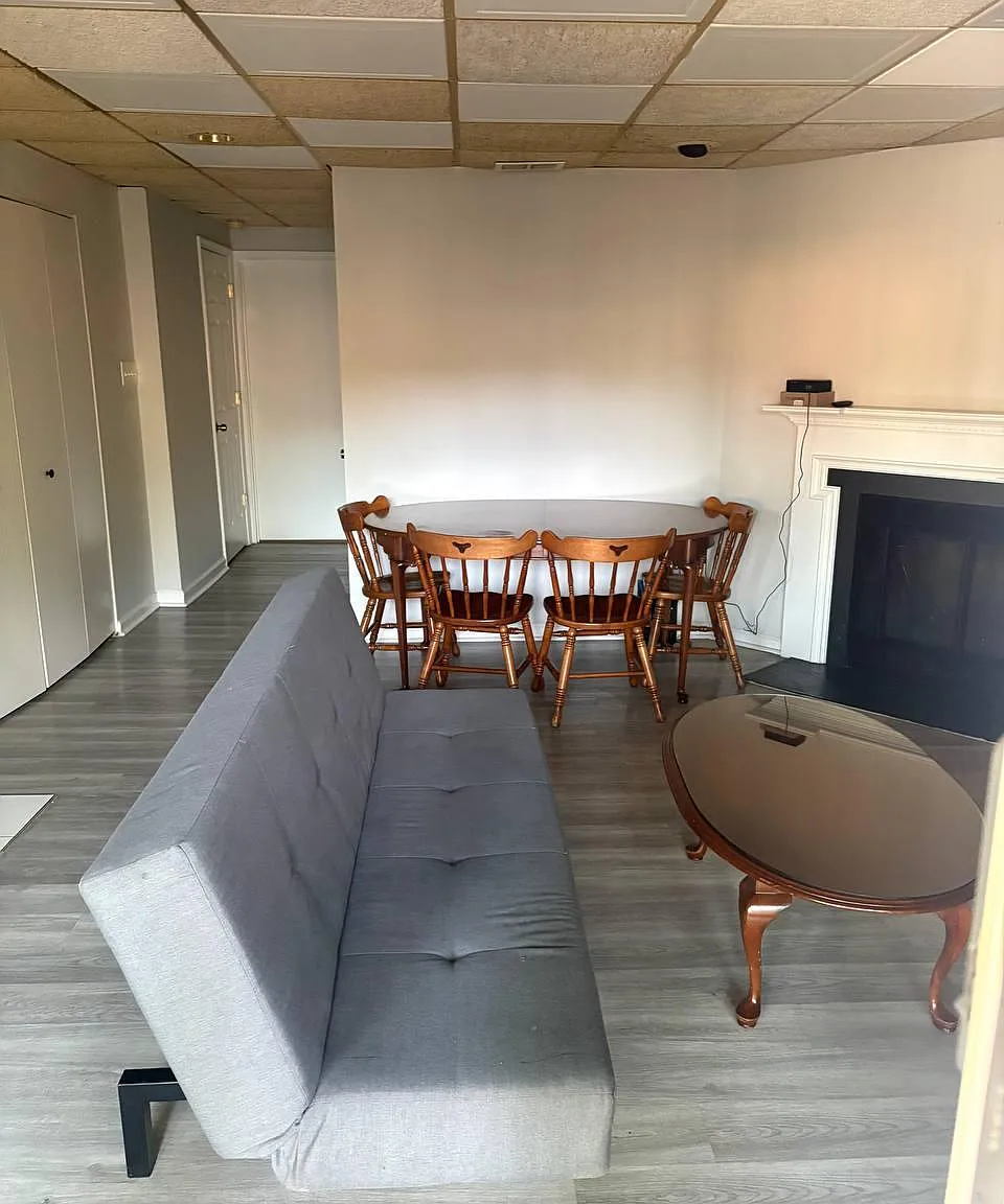 Shared living and dining space with seating area, dining table setup, and a fireplaceideal for relaxing or meals at home.