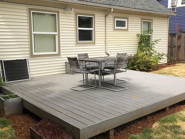 Back deck; fenced backyard
