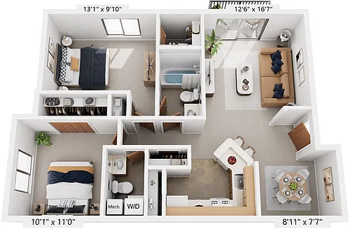 Floor plan Two Bedroom One & One-Half Bath Seville Stackable 